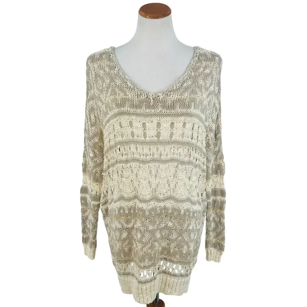 RARE NWT Free People Ivory Metallic Shimmer Slouchy On-Off Shoulder Knit Sweater